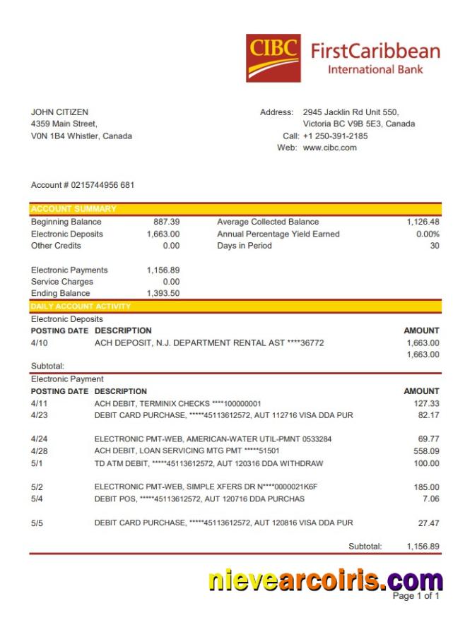 Canada CIBC Bank excel pdf